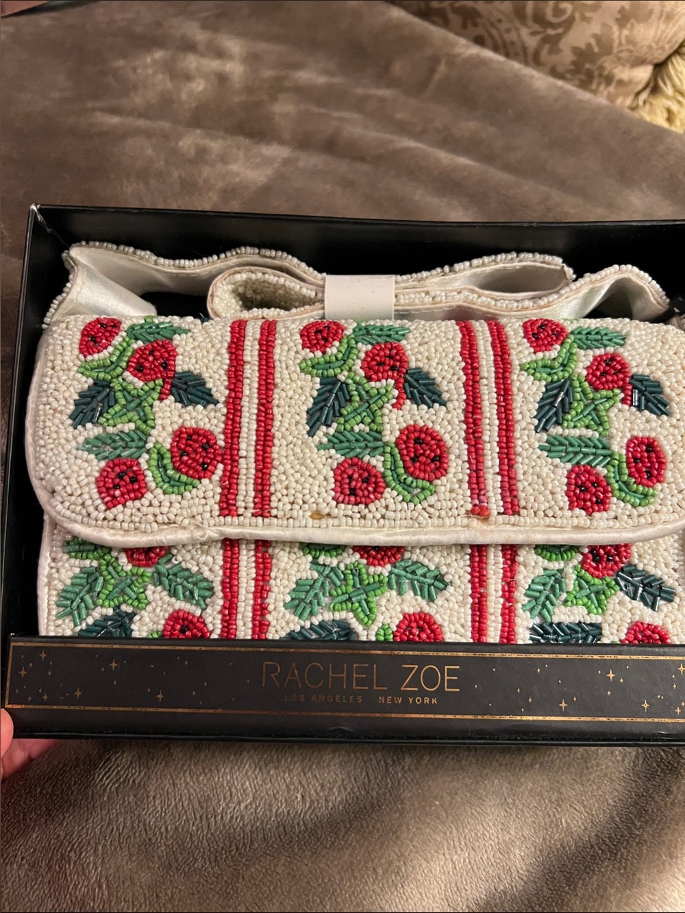 Rachel Zoe Ivory Beaded Floral Crossbody with Red & Green Embroidery